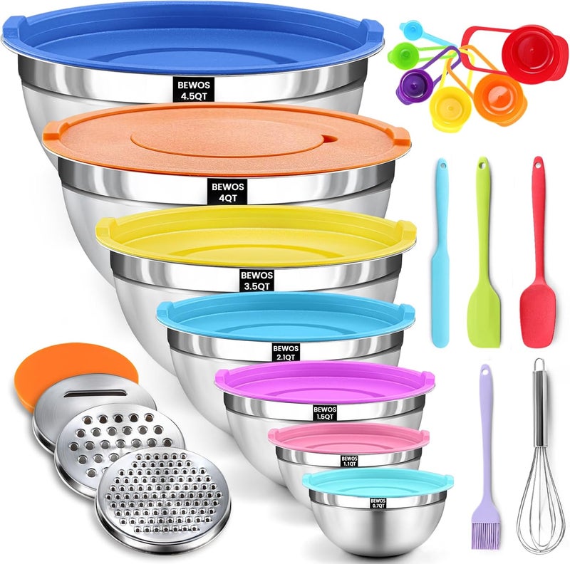 BEWOS 21 Pcs Mixing Bowls with Lids - 7 Stainless Steel Bowls, 3 Graters, 11 Practical Kitchen Accessories, Dishwasher Safe, Ideal for Baking, Meal Prep & On-the-Go, Easy to Store - Image 1
